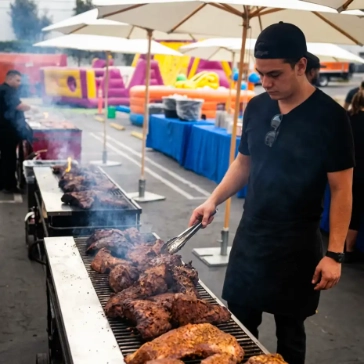 An outdoor catering station with trays of sliders and other food, representing food cart and concession rentals.
