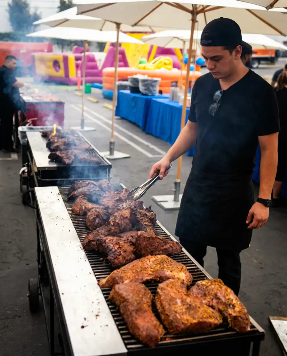 An outdoor catering station with trays of sliders and other food, representing food cart and concession rentals.